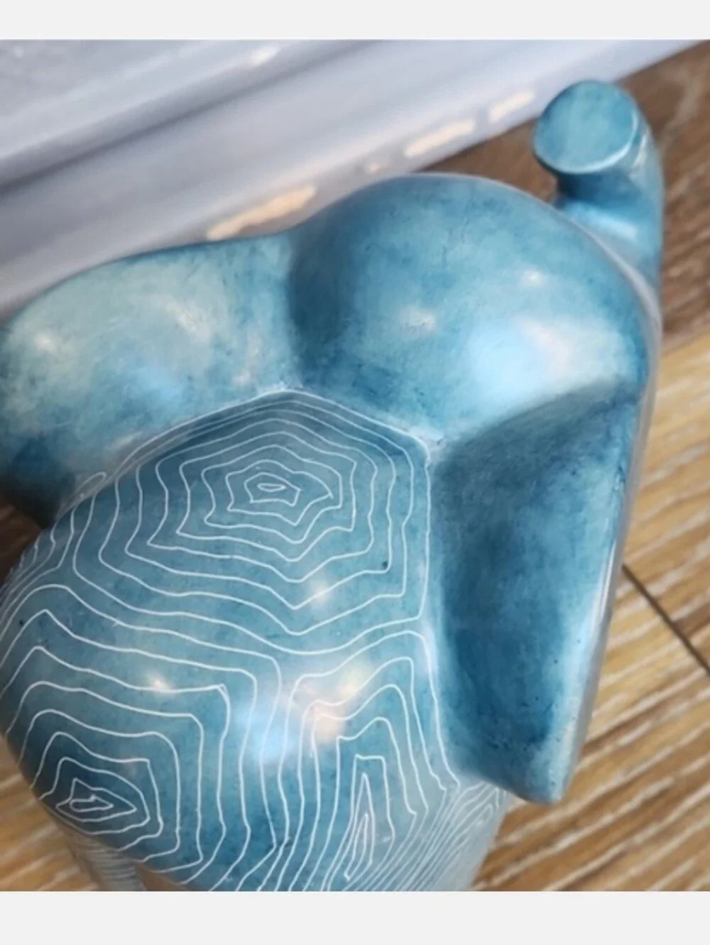 Afrikiko Soapstone Elephant Teal Blue Green White Abstract Circles